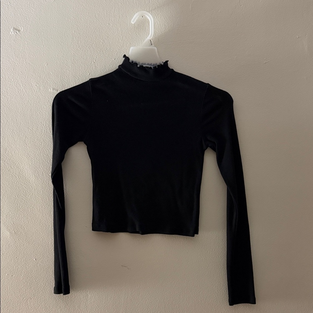 Brandy Melville Black Ruffle Neck Long Sleeve Top